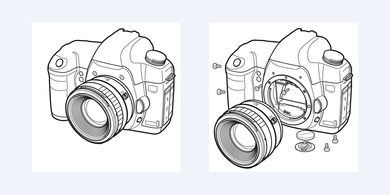 two animation states of a photo camera