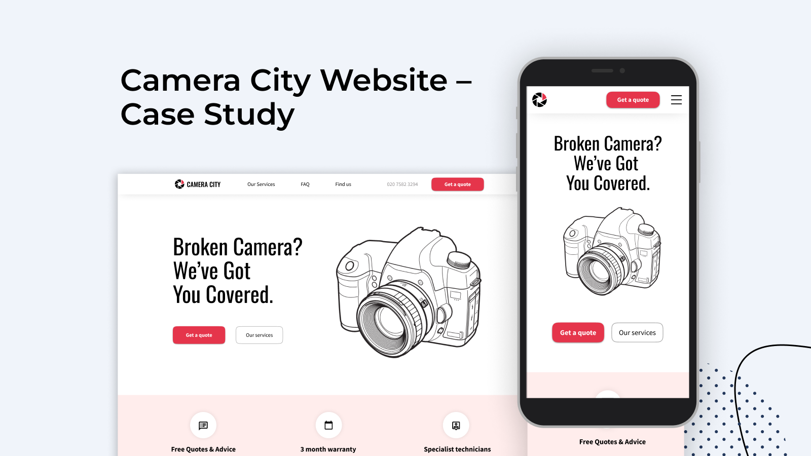 mockup of a camera repair shop webpage